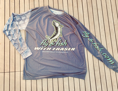 “Only the Flyest” Dry-Fit Tarpon scale Sleeve, fly and fish with Fraser logo shirt